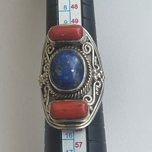 Coral and lapis lazuli sterling silver ring, size 6